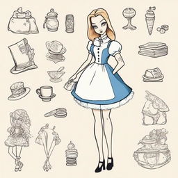 Alice from Wonderland in tattoos and modern clothes, maintaining a whimsical yet contemporary vibe.