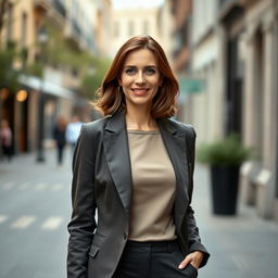 A portrait of a European woman aged between 30 to 45 years old, elegantly dressed in stylish clothing