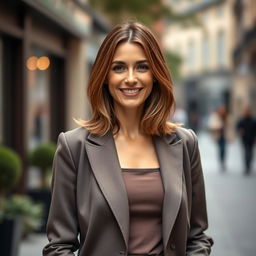 A portrait of a European woman aged between 30 to 45 years old, elegantly dressed in stylish clothing