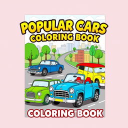 A vibrant and engaging cover design for a coloring book titled 'Popular Cars Coloring Book'