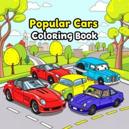 A vibrant and engaging cover design for a coloring book titled 'Popular Cars Coloring Book'