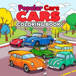 A vibrant and engaging cover design for a coloring book titled 'Popular Cars Coloring Book'