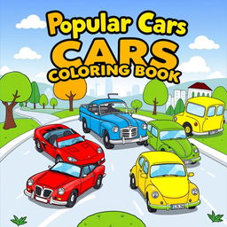 A vibrant and engaging cover design for a coloring book titled 'Popular Cars Coloring Book'