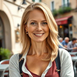 A full-length photograph of a woman aged between 30 to 45, exhibiting a natural appearance with minimal makeup and well-groomed hair