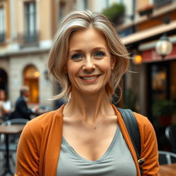 A full-length photograph of a woman aged between 30 to 45, exhibiting a natural appearance with minimal makeup and well-groomed hair