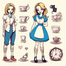 Alice from Wonderland in tattoos and modern clothes, maintaining a whimsical yet contemporary vibe.