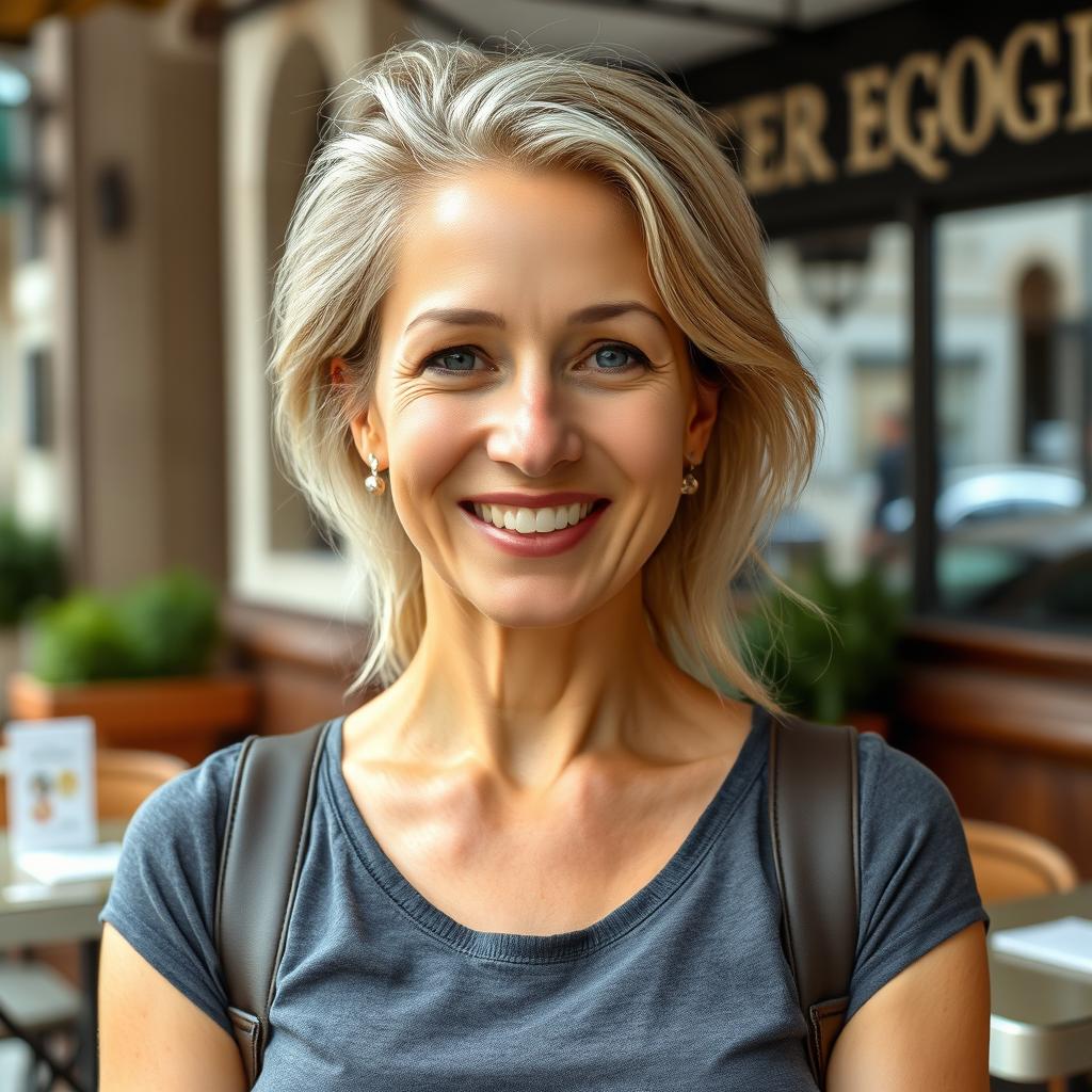 A full-length photograph of a woman aged between 30 to 45, exhibiting a natural appearance with minimal makeup and well-groomed hair