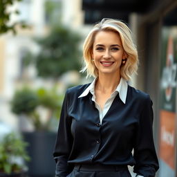 A portrait of a European woman aged between 30 to 45 years old, with light blonde hair styled elegantly