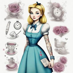 Alice from Wonderland in tattoos and modern clothes, maintaining a whimsical yet contemporary vibe.