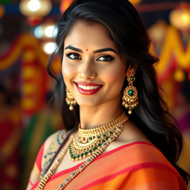 A stunning and alluring Indian woman, wearing traditional attire that highlights her beauty, with intricate jewelry adorning her neck and ears