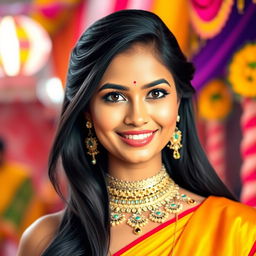 A stunning and alluring Indian woman, wearing traditional attire that highlights her beauty, with intricate jewelry adorning her neck and ears