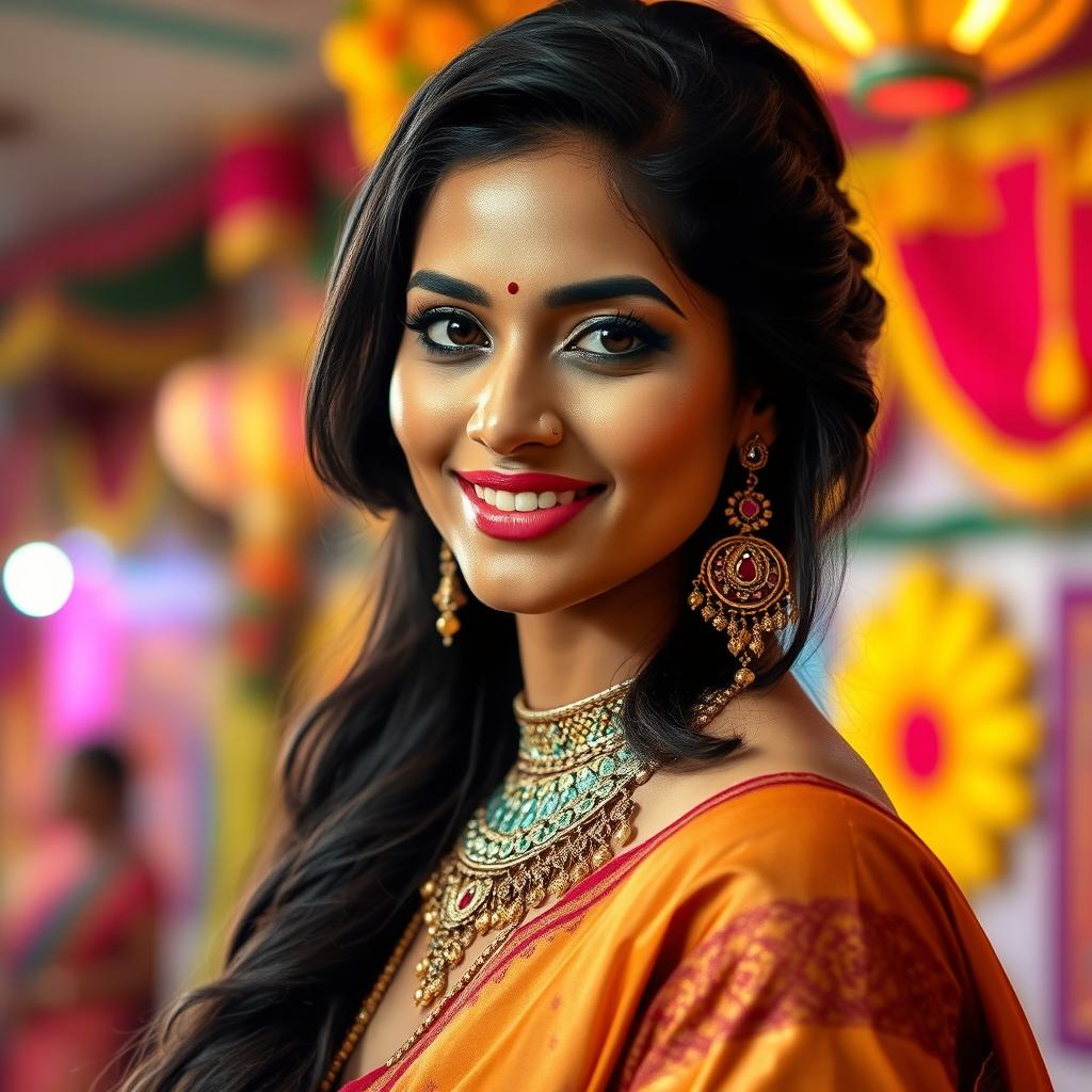 A stunning and alluring Indian woman, wearing traditional attire that highlights her beauty, with intricate jewelry adorning her neck and ears