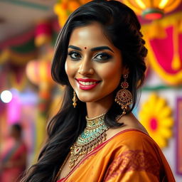 A stunning and alluring Indian woman, wearing traditional attire that highlights her beauty, with intricate jewelry adorning her neck and ears