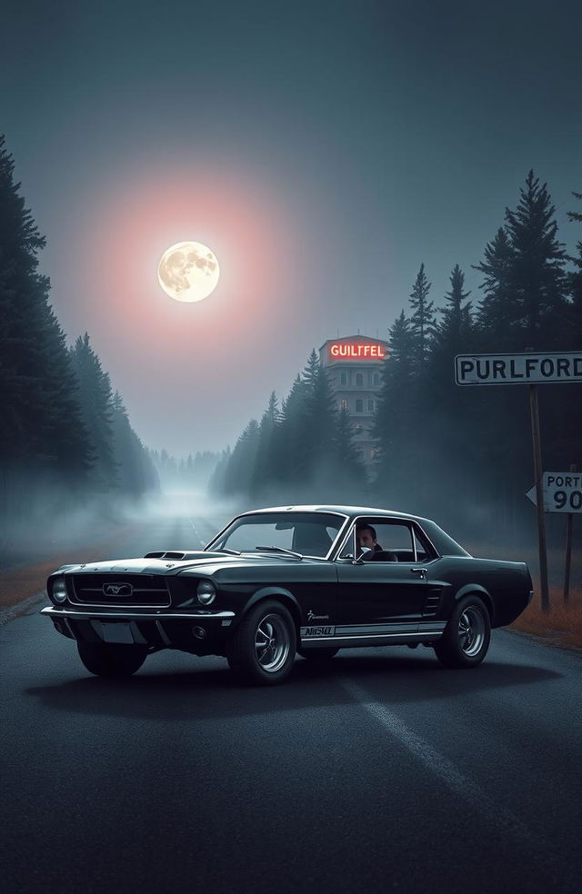 A nightmarish horror scene featuring a classic black 1967 Mustang GT with white stripes parked on a deserted road surrounded by tall pine trees reaching up to the sky