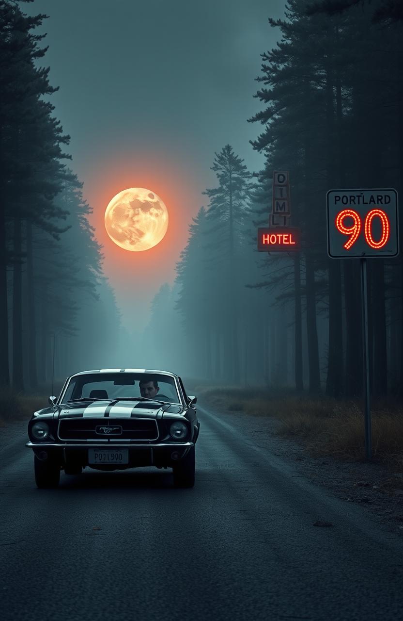 A nightmarish horror scene featuring a classic black 1967 Mustang GT with white stripes parked on a deserted road surrounded by tall pine trees reaching up to the sky