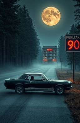 A nightmarish horror scene featuring a classic black 1967 Mustang GT with white stripes parked on a deserted road surrounded by tall pine trees reaching up to the sky