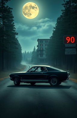 A nightmarish horror scene featuring a classic black 1967 Mustang GT with white stripes parked on a deserted road surrounded by tall pine trees reaching up to the sky