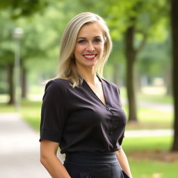 A portrait of a European woman aged between 30 to 45 years old, with beautiful ash blonde hair styled elegantly