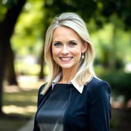 A portrait of a European woman aged between 30 to 45 years old, with beautiful ash blonde hair styled elegantly