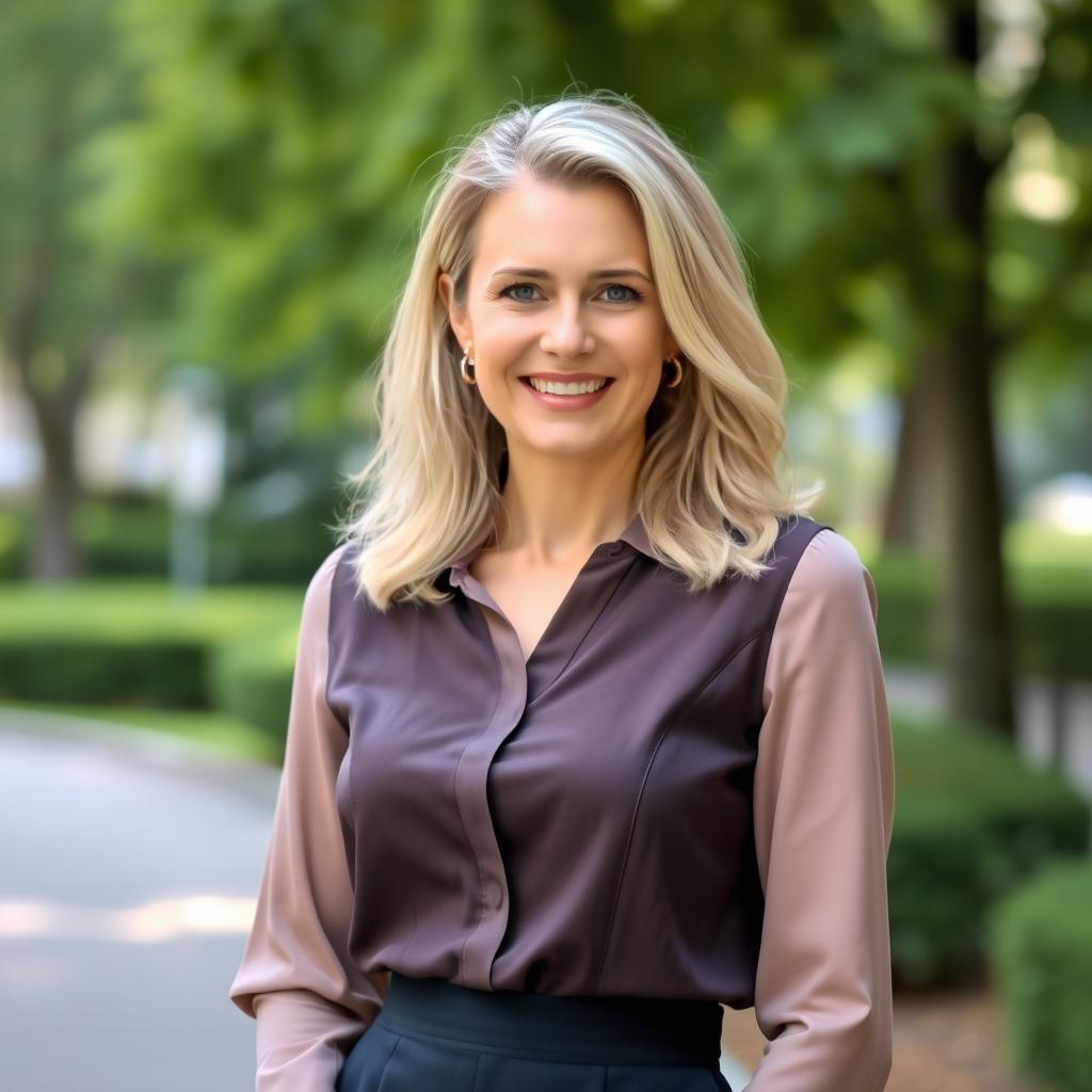 A portrait of a European woman aged between 30 to 45 years old, with beautiful ash blonde hair styled elegantly