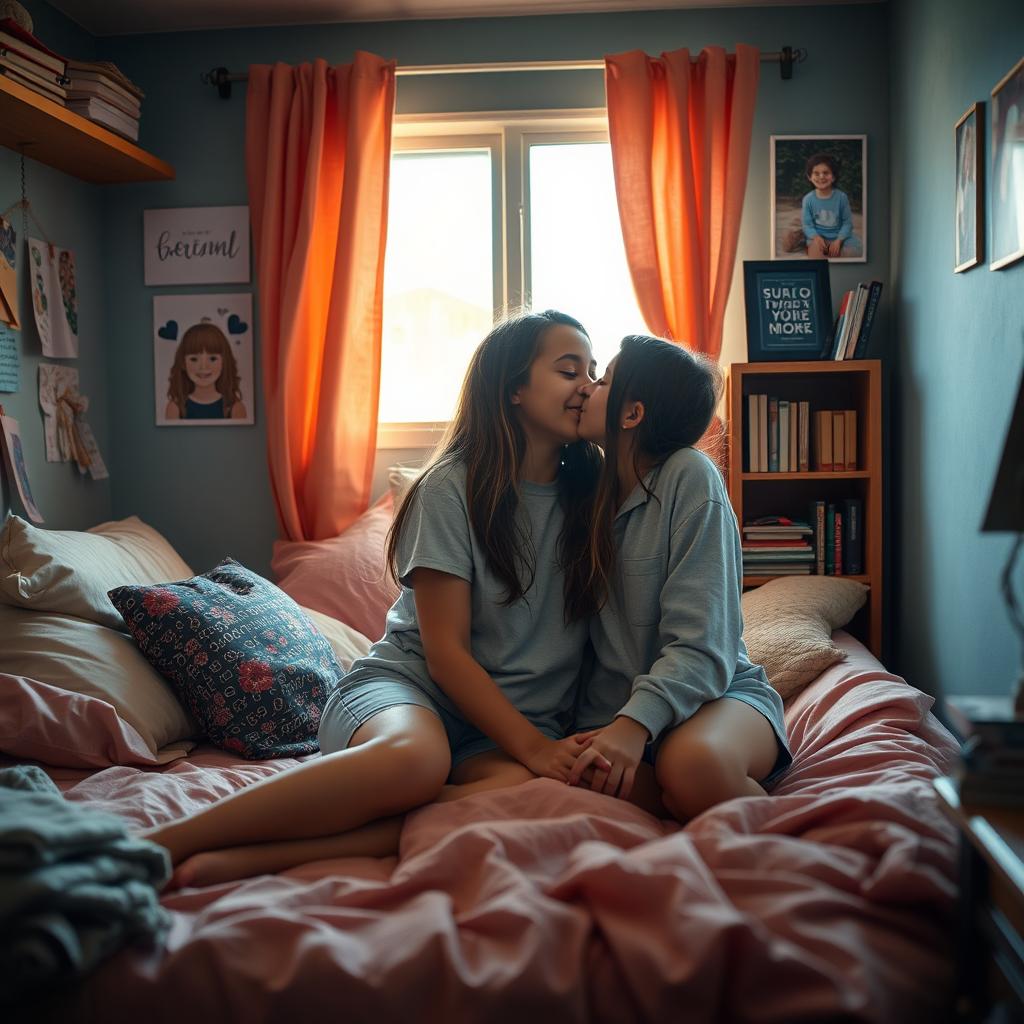 A realistic scene inside a cozy dorm room where two beautiful tween girls are seated close to each other on a bed, sharing a tender and innocent kiss