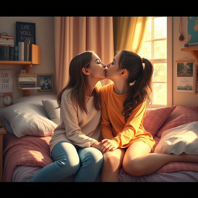 A realistic scene inside a cozy dorm room where two beautiful tween girls are seated close to each other on a bed, sharing a tender and innocent kiss