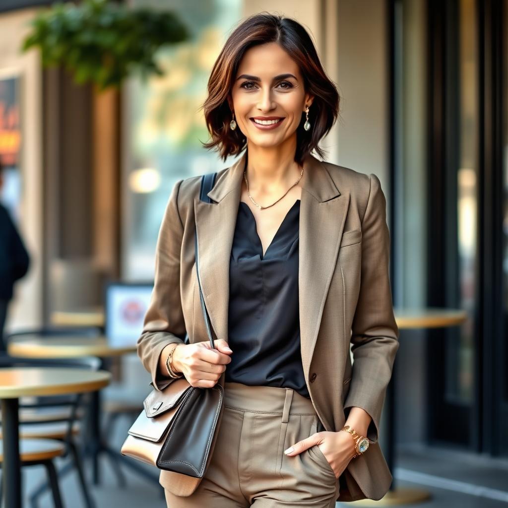 A European woman aged between 30 and 45 with dark hair, dressed elegantly in a stylish outfit that complements her figure