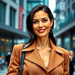 A woman of European descent with black hair, aged between 30 and 45 years, wearing stylish clothing that complements her figure