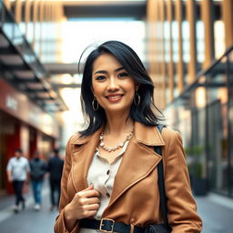 A woman of European descent with black hair, aged between 30 and 45 years, wearing stylish clothing that complements her figure