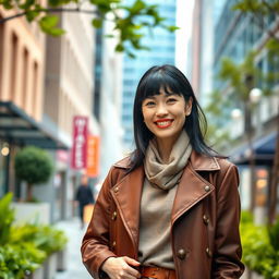 A woman of European descent with black hair, aged between 30 and 40 years, dressed in fashionable attire that highlights her elegance and style