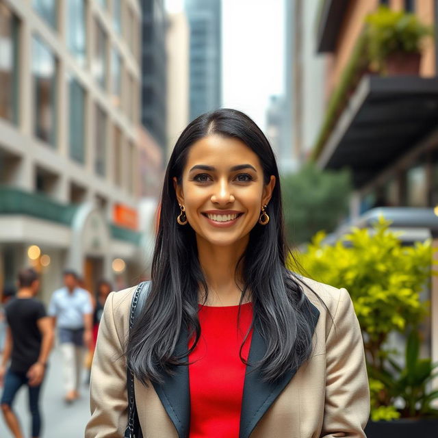 A woman of European descent with black hair, aged between 30 and 40 years, dressed in fashionable attire that highlights her elegance and style