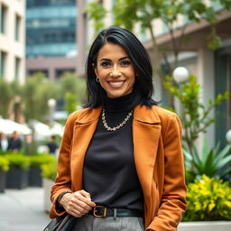 A woman of European descent with black hair, aged between 30 and 40 years, dressed in fashionable attire that highlights her elegance and style