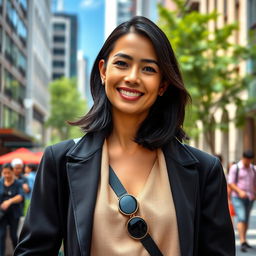 A woman of European descent with black hair, aged between 30 and 40 years, dressed in fashionable attire that highlights her elegance and style
