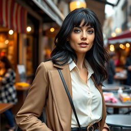 A woman of European descent with striking black hair, aged between 30 and 45 years, dressed in elegant and trendy clothing that showcases her sophisticated style