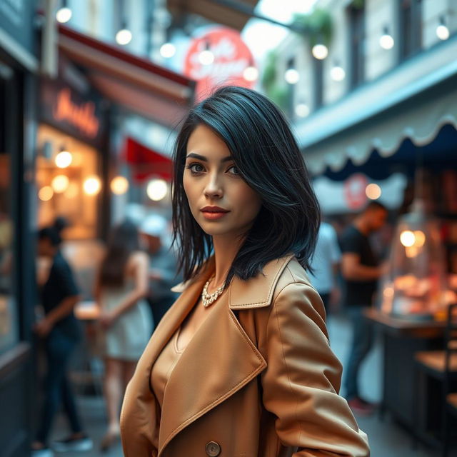 A woman of European descent with striking black hair, aged between 30 and 45 years, dressed in elegant and trendy clothing that showcases her sophisticated style