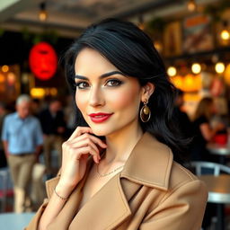 A woman of European descent with striking black hair, aged between 30 and 45 years, dressed in elegant and trendy clothing that showcases her sophisticated style