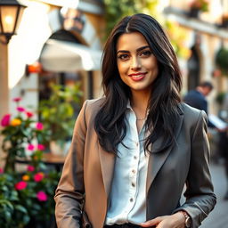 A woman of European descent with beautiful black hair, aged between 30 and 45 years, dressed elegantly in fashionable attire that reflects her sophisticated taste