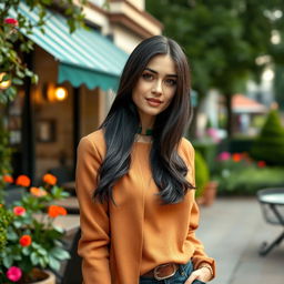 A woman of European descent with beautiful black hair, aged between 30 and 45 years, dressed elegantly in fashionable attire that reflects her sophisticated taste