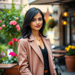 A woman of European descent with beautiful black hair, aged between 30 and 45 years, dressed elegantly in fashionable attire that reflects her sophisticated taste