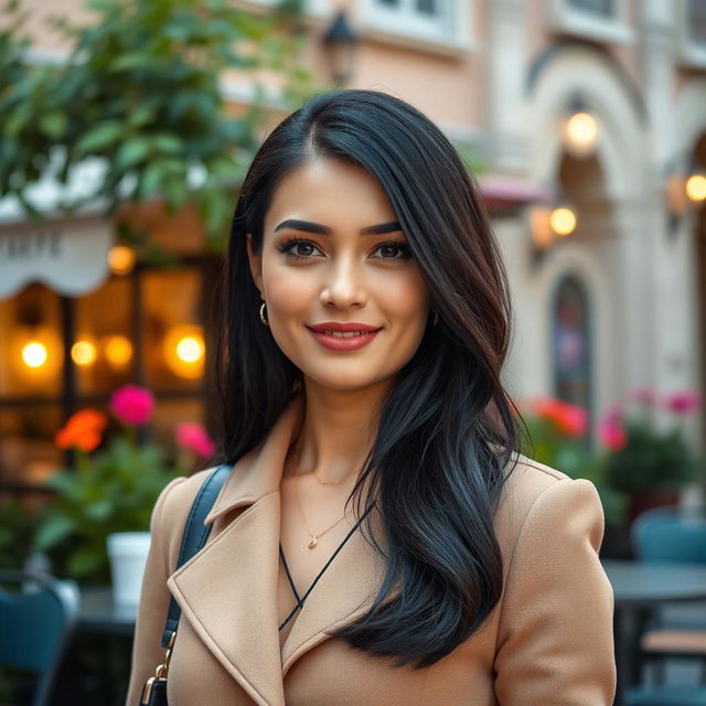 A woman of European descent with beautiful black hair, aged between 30 and 45 years, dressed elegantly in fashionable attire that reflects her sophisticated taste