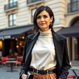 A woman of European descent with sleek black hair, aged between 30 and 45 years, dressed in stylish and contemporary clothing that exemplifies her fashion-forward mindset