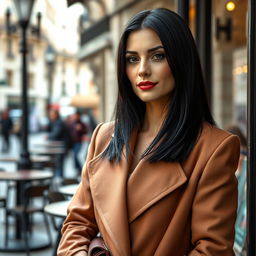 A woman of European descent with sleek black hair, aged between 30 and 45 years, dressed in stylish and contemporary clothing that exemplifies her fashion-forward mindset