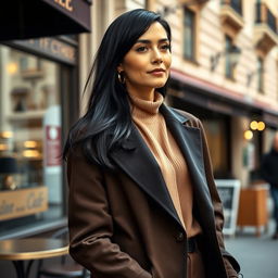 A woman of European descent with sleek black hair, aged between 30 and 45 years, dressed in stylish and contemporary clothing that exemplifies her fashion-forward mindset