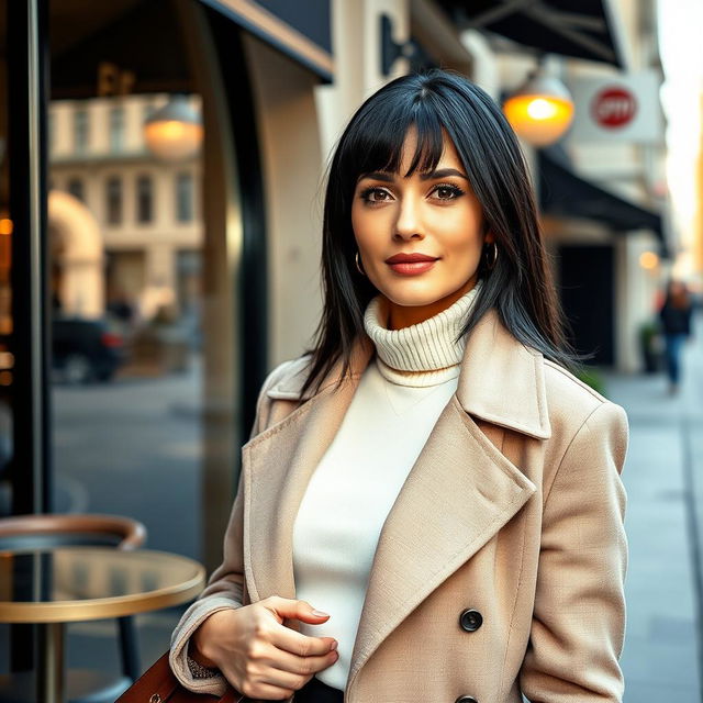 A woman of European descent with sleek black hair, aged between 30 and 45 years, dressed in stylish and contemporary clothing that exemplifies her fashion-forward mindset