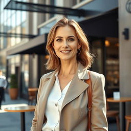 A woman of European descent, aged between 30 and 45 years, dressed in stylish and contemporary clothing that emphasizes her elegance and grace