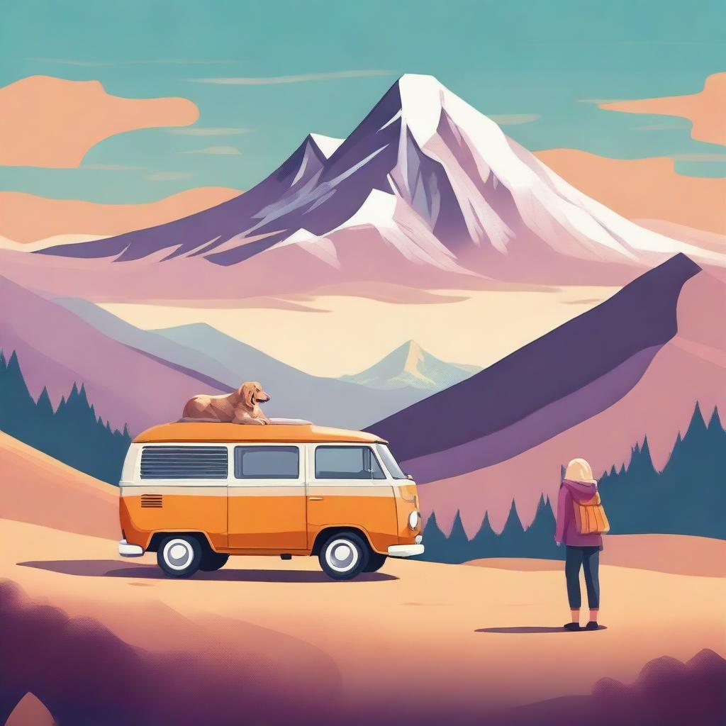 A magical landscape with mountains, a van, and a teenage girl with a golden retriever dog.