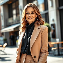 A woman of European descent, aged between 30 and 45 years, dressed in stylish and contemporary clothing that emphasizes her elegance and grace