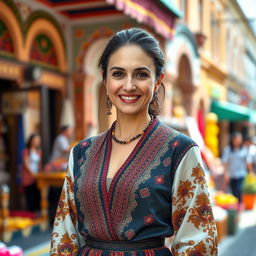 A woman of Turkish descent, aged between 30 and 45 years, dressed in elegant and modern clothing that showcases her cultural heritage