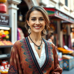 A woman of Turkish descent, aged between 30 and 45 years, dressed in elegant and modern clothing that showcases her cultural heritage