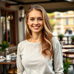 A full-length photograph of a woman aged between 30 to 45, exhibiting a natural appearance with minimal makeup and well-groomed hair
